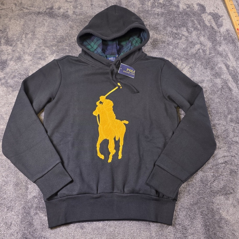 Polo Ralph Lauren RL Fleece Big Pony Hoodie Mens XS Tartan Lined Hood Sweatshirt